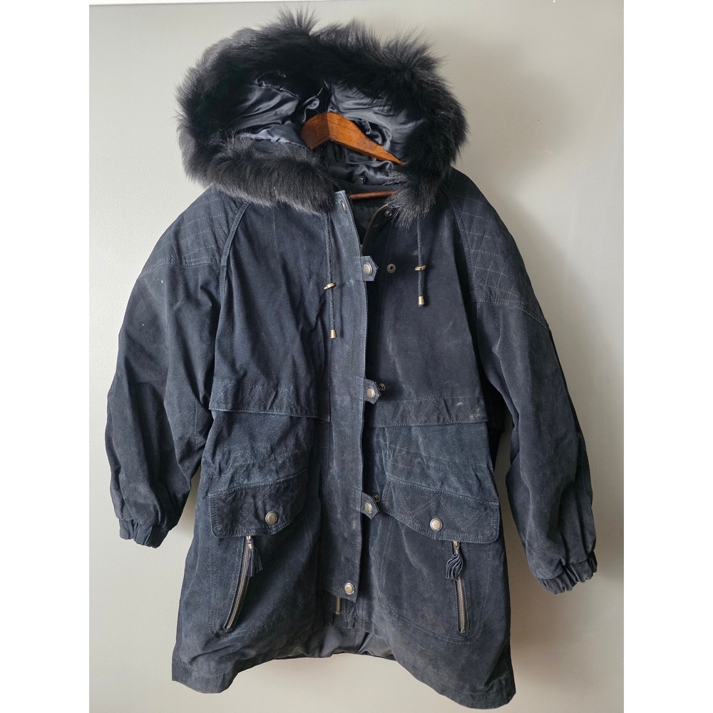 Maggie Lawrence Black Suede Leather Parka Fox Fur Trim Hood Coat 18W 20W